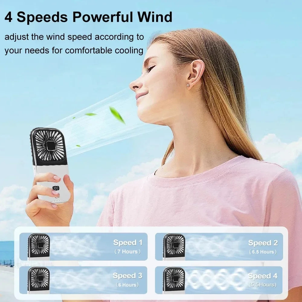 Folding Handheld Fan – Power Bank Function, Digital Display, Neck Hanging