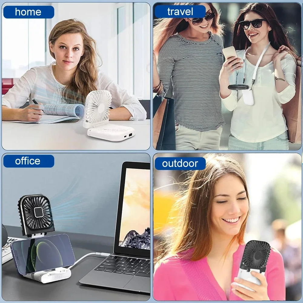 Folding Handheld Fan – Power Bank Function, Digital Display, Neck Hanging