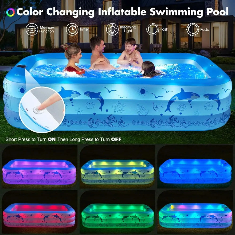 Upgraded Inflatable Pool – Durable Family Pool with Solar Lights (Blue)