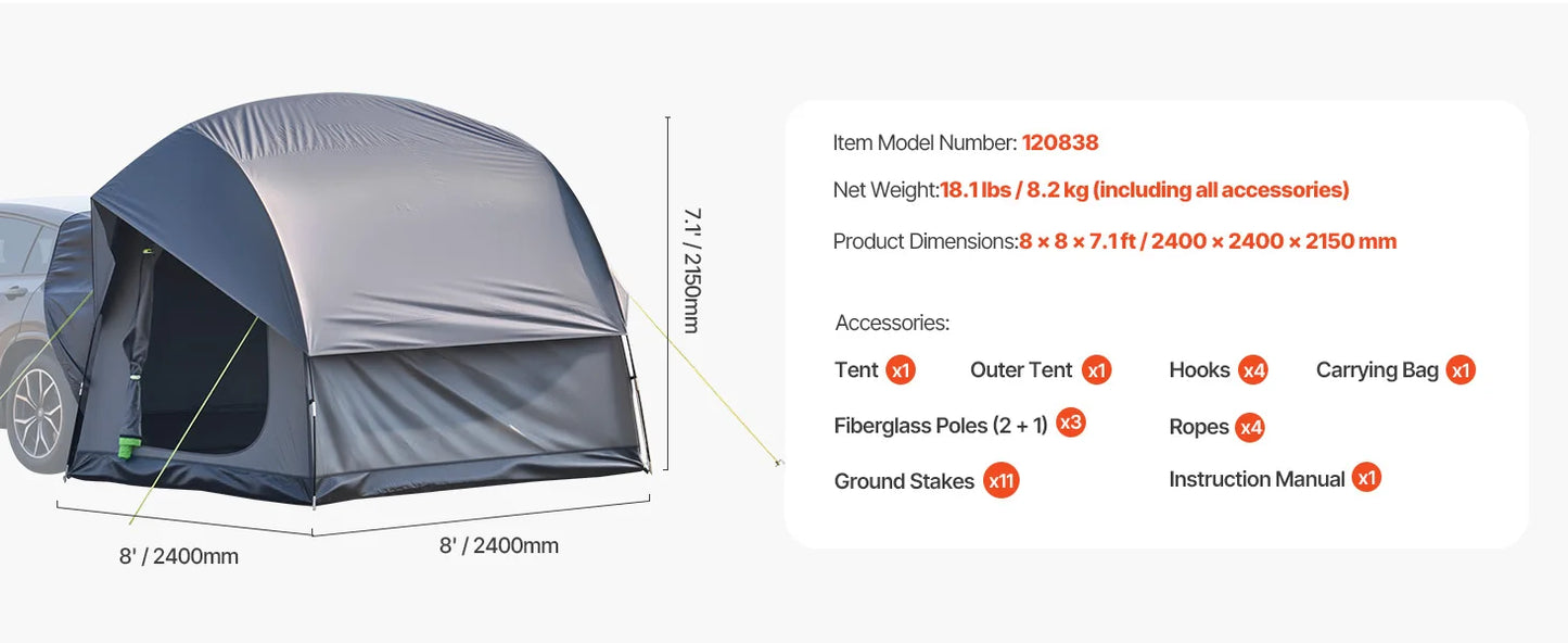 SUV Tent for Camping Waterproof PU2000mm Spacious Double Layer Design SUV Tent with Shade Awning and Mesh Windows