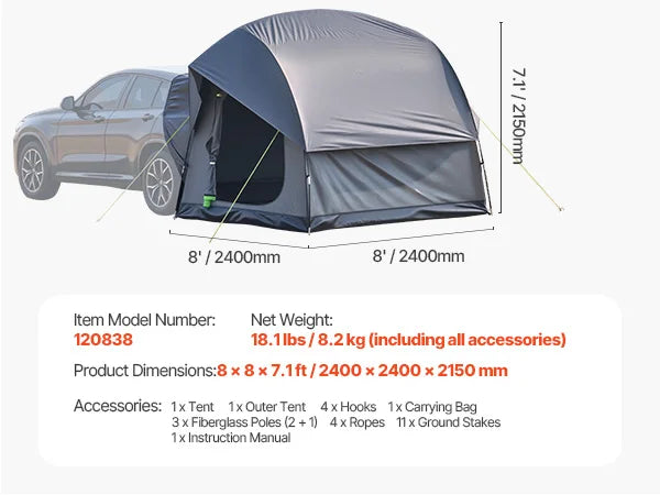 SUV Tent for Camping Waterproof PU2000mm Spacious Double Layer Design SUV Tent with Shade Awning and Mesh Windows