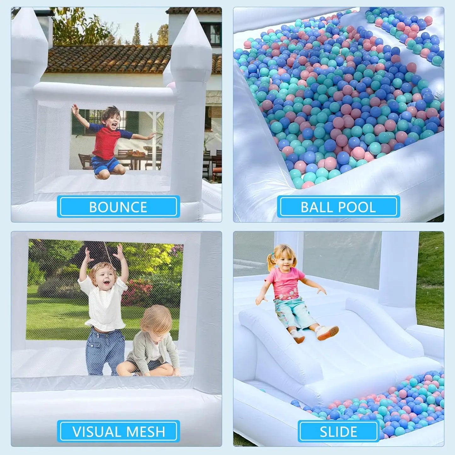 Kids 9x9x7ft Soft Play White Bounce House With Slide Ball Pit Party Customization Inflatable Mini Bouncy Castle With Blower