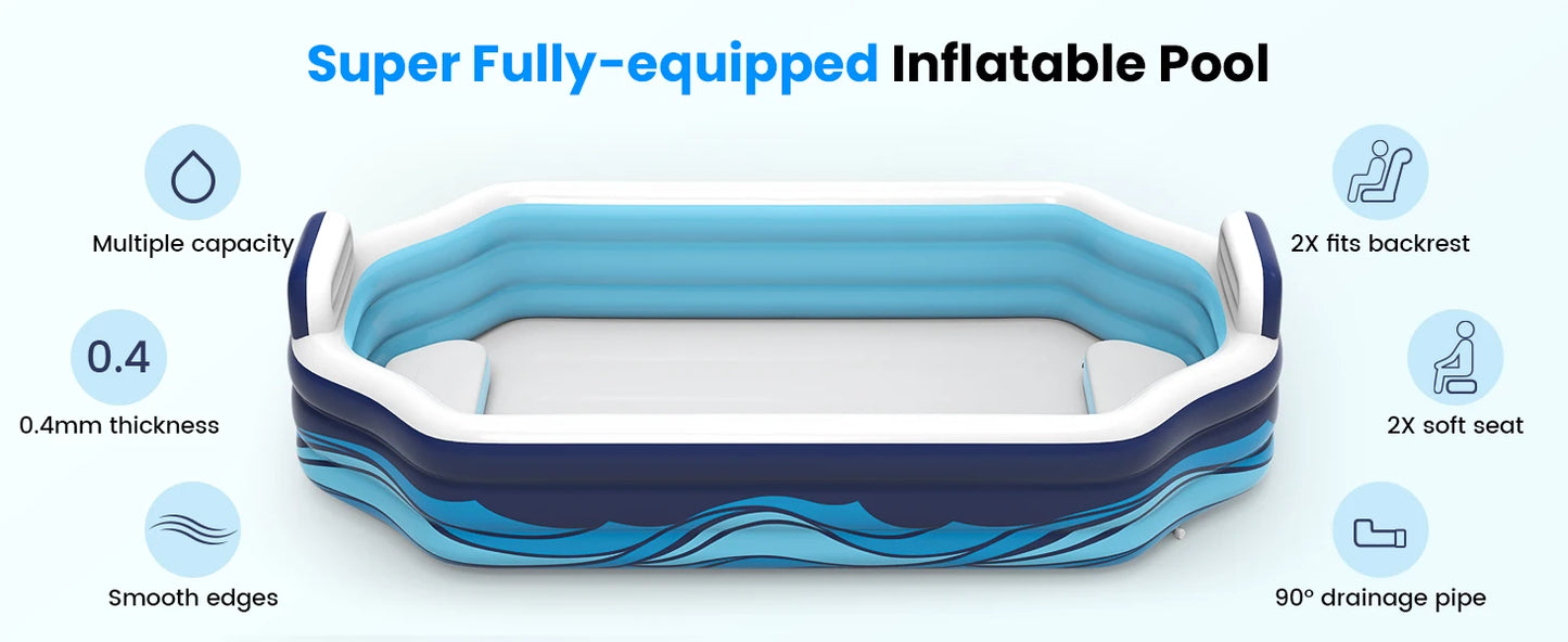 Oversized Inflatable Pool – Family Swimming Pool with Seats & Backrests