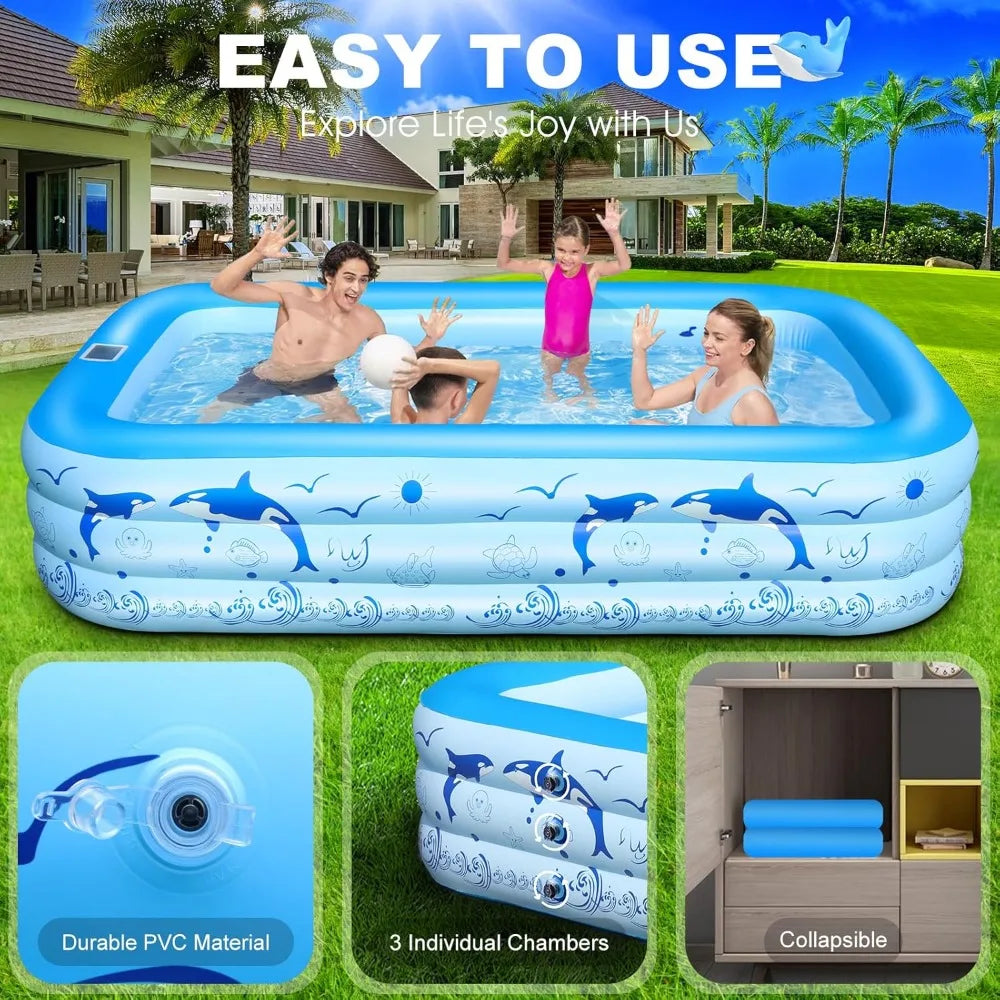 Upgraded Inflatable Pool – Durable Family Pool with Solar Lights (Blue)