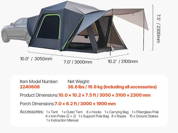 SUV Tent for Camping Waterproof PU2000mm Spacious Double Layer Design SUV Tent with Shade Awning and Mesh Windows