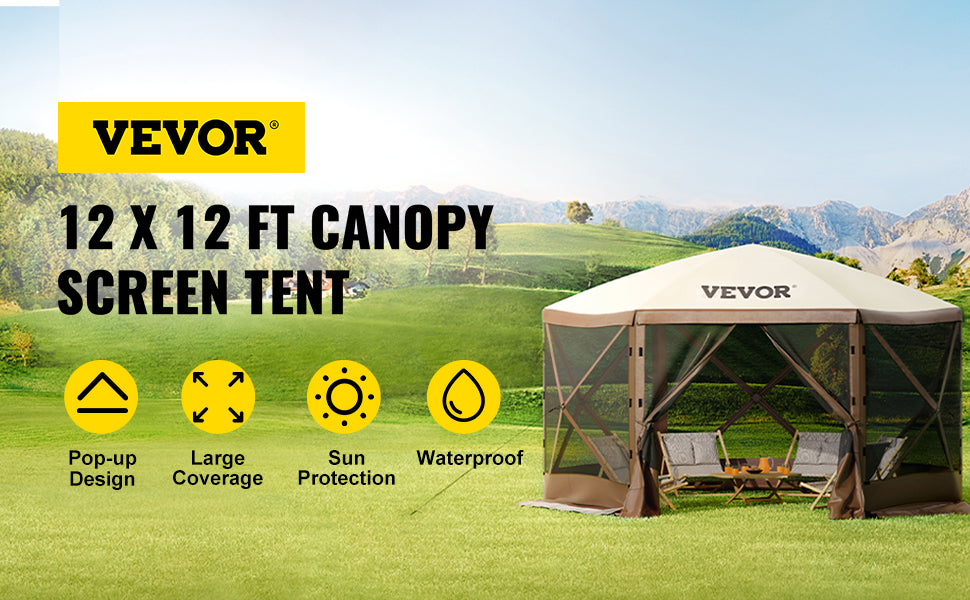 VEVOR Pop-up Camping Gazebo Camping Canopy Shelter 6 Sided 12' x 12' Sun Shade Tents & Canopies Camping & Hiking