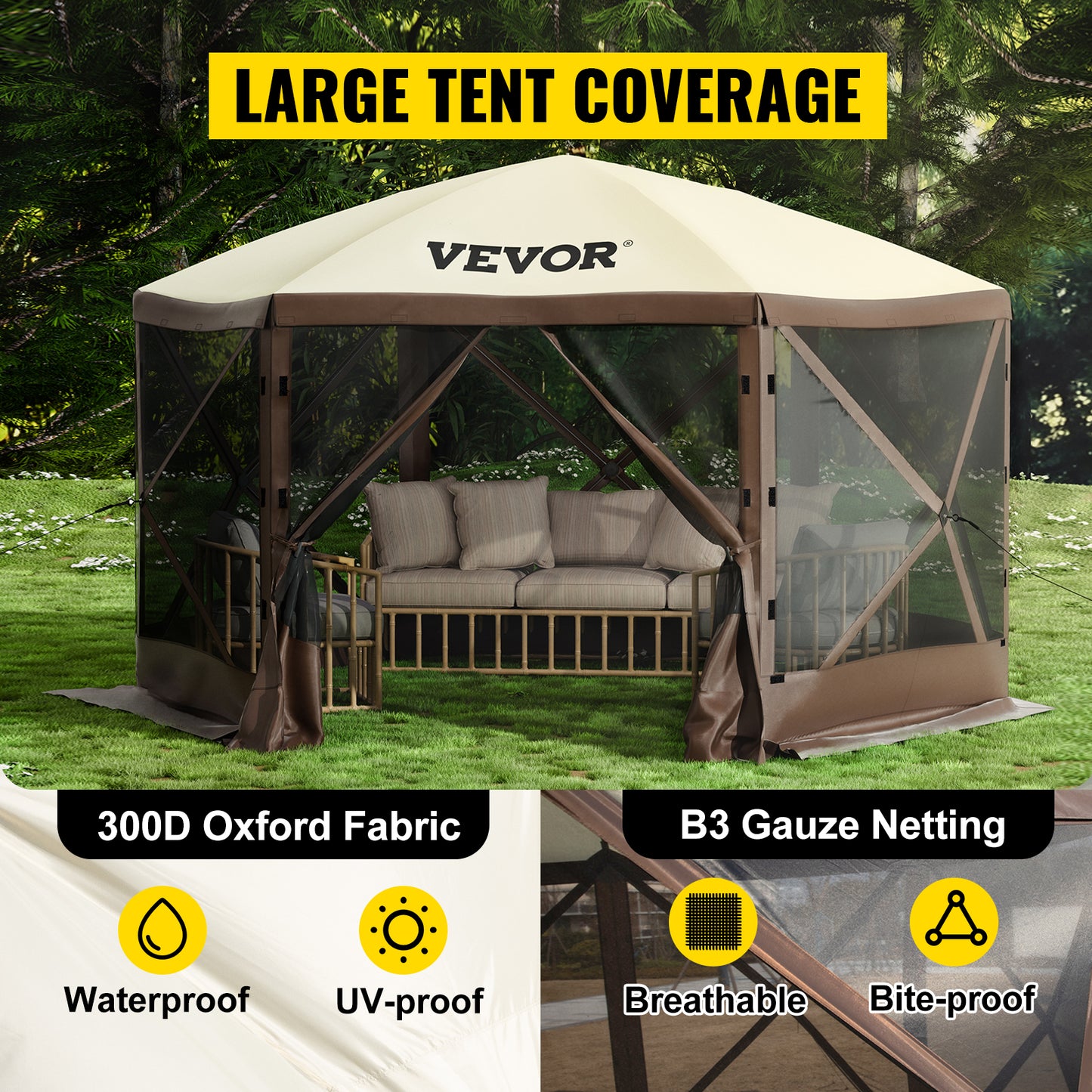 VEVOR Pop-up Camping Gazebo Camping Canopy Shelter 6 Sided 12' x 12' Sun Shade Tents & Canopies Camping & Hiking