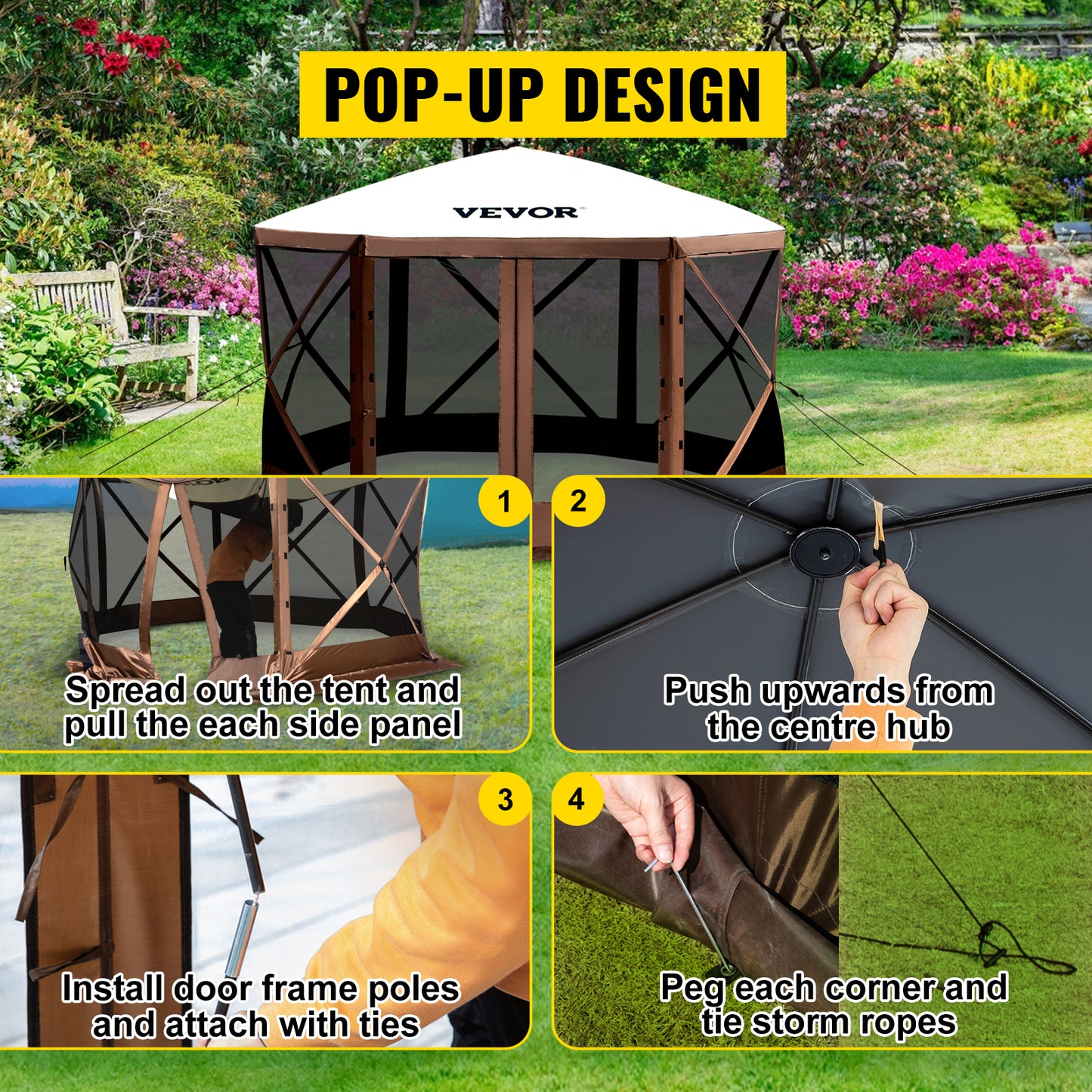 VEVOR Pop-up Camping Gazebo Camping Canopy Shelter 6 Sided 12' x 12' Sun Shade Tents & Canopies Camping & Hiking