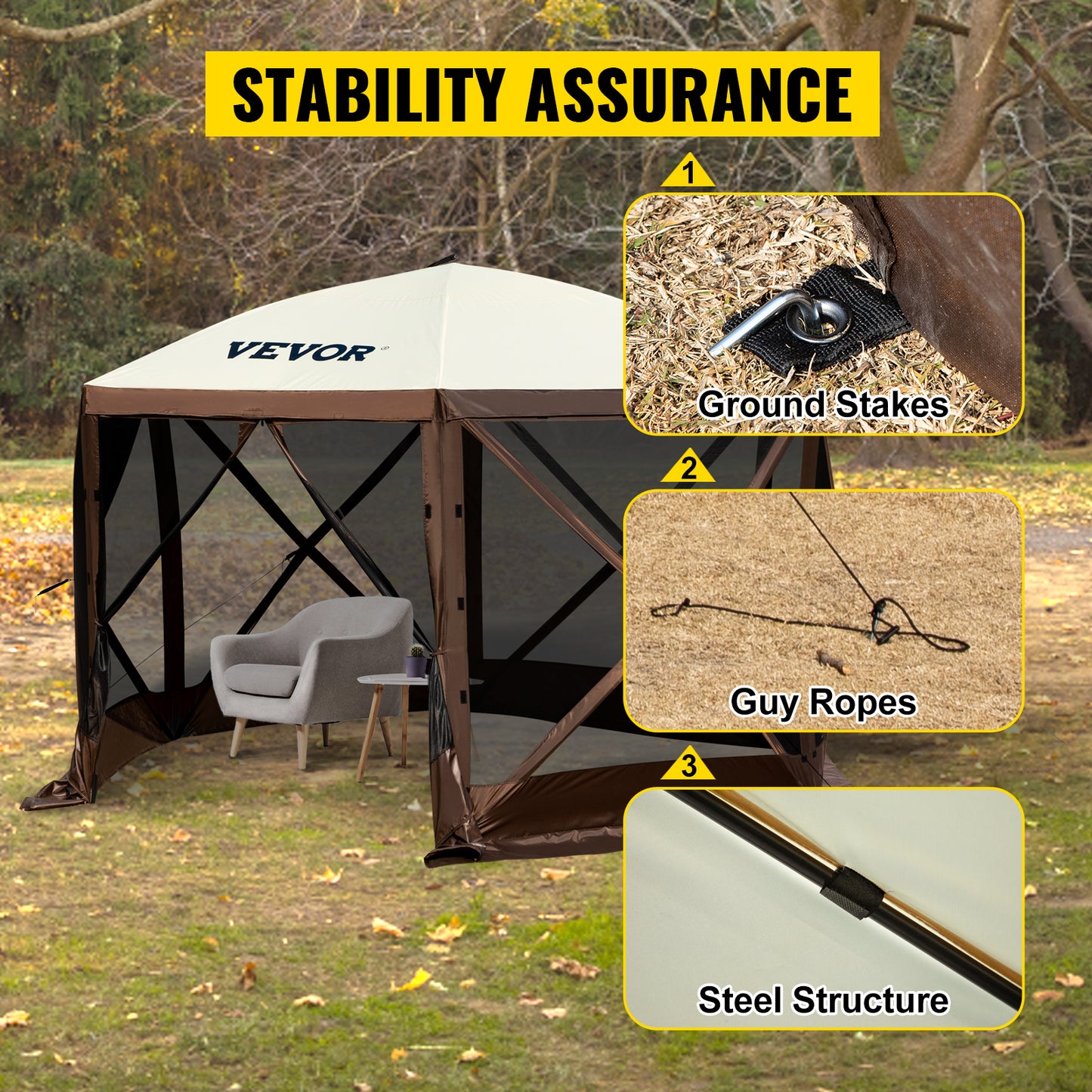 VEVOR Pop-up Camping Gazebo Camping Canopy Shelter 6 Sided 12' x 12' Sun Shade Tents & Canopies Camping & Hiking