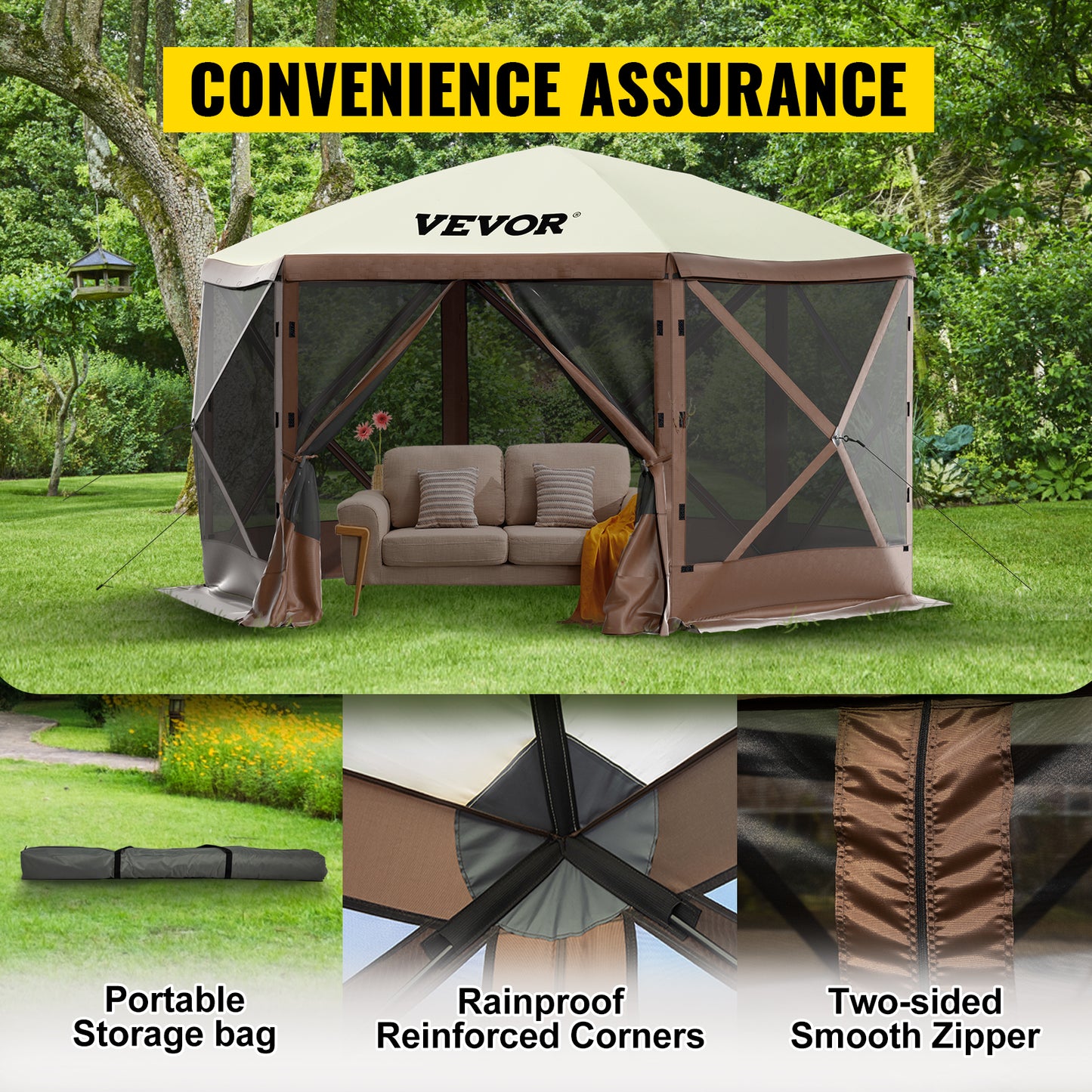 VEVOR Pop-up Camping Gazebo Camping Canopy Shelter 6 Sided 12' x 12' Sun Shade Tents & Canopies Camping & Hiking