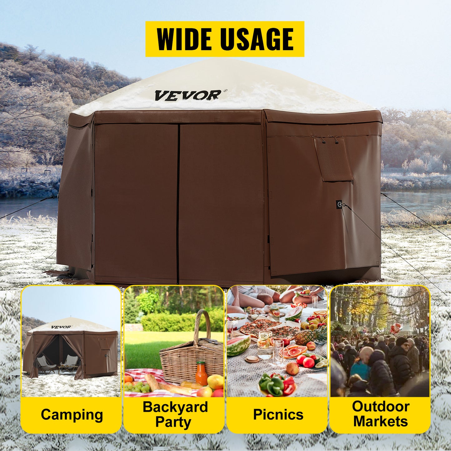 VEVOR Pop-up Camping Gazebo Camping Canopy Shelter 6 Sided 12' x 12' Sun Shade Tents & Canopies Camping & Hiking