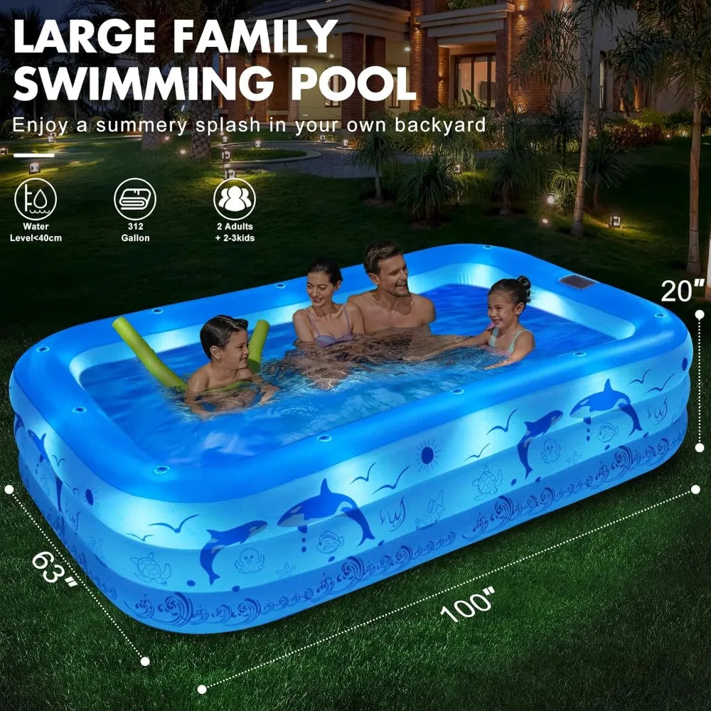 Upgraded Inflatable Pool – Durable Family Pool with Solar Lights (Blue)