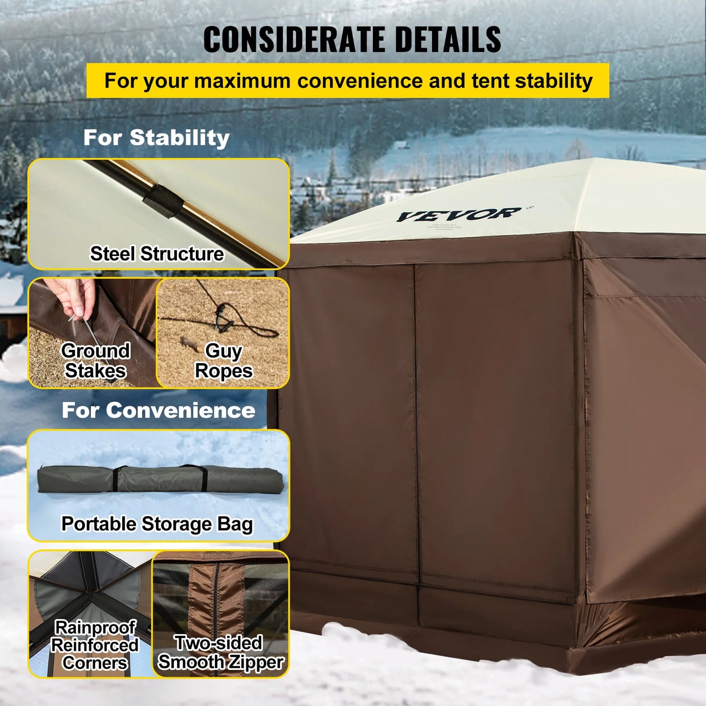 VEVOR Pop-up Camping Gazebo Camping Canopy Shelter 6 Sided 12' x 12' Sun Shade Tents & Canopies Camping & Hiking