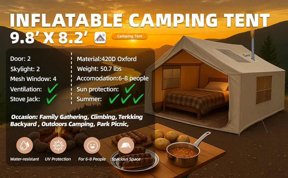 80.7 Square Feet Inflatable Tent with Air Conditioning Vent,4 Season Glamping Blow up Tent for Camping,Waterproof Oxford Fabric