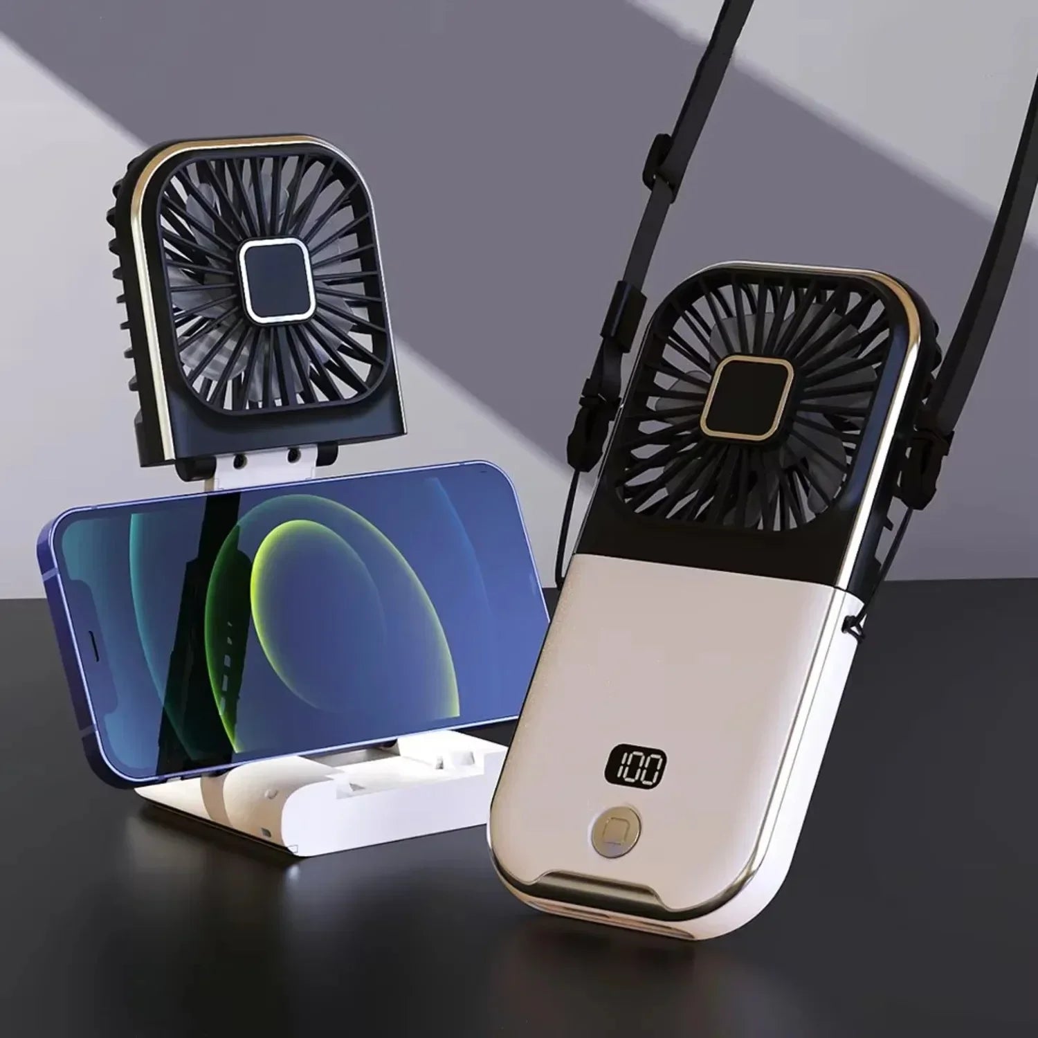 Folding Handheld Fan – Power Bank Function, Digital Display, Neck Hanging