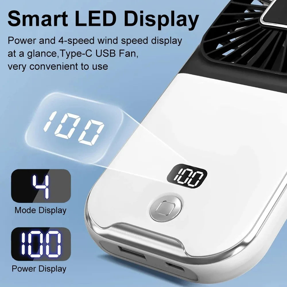 Folding Handheld Fan – Power Bank Function, Digital Display, Neck Hanging