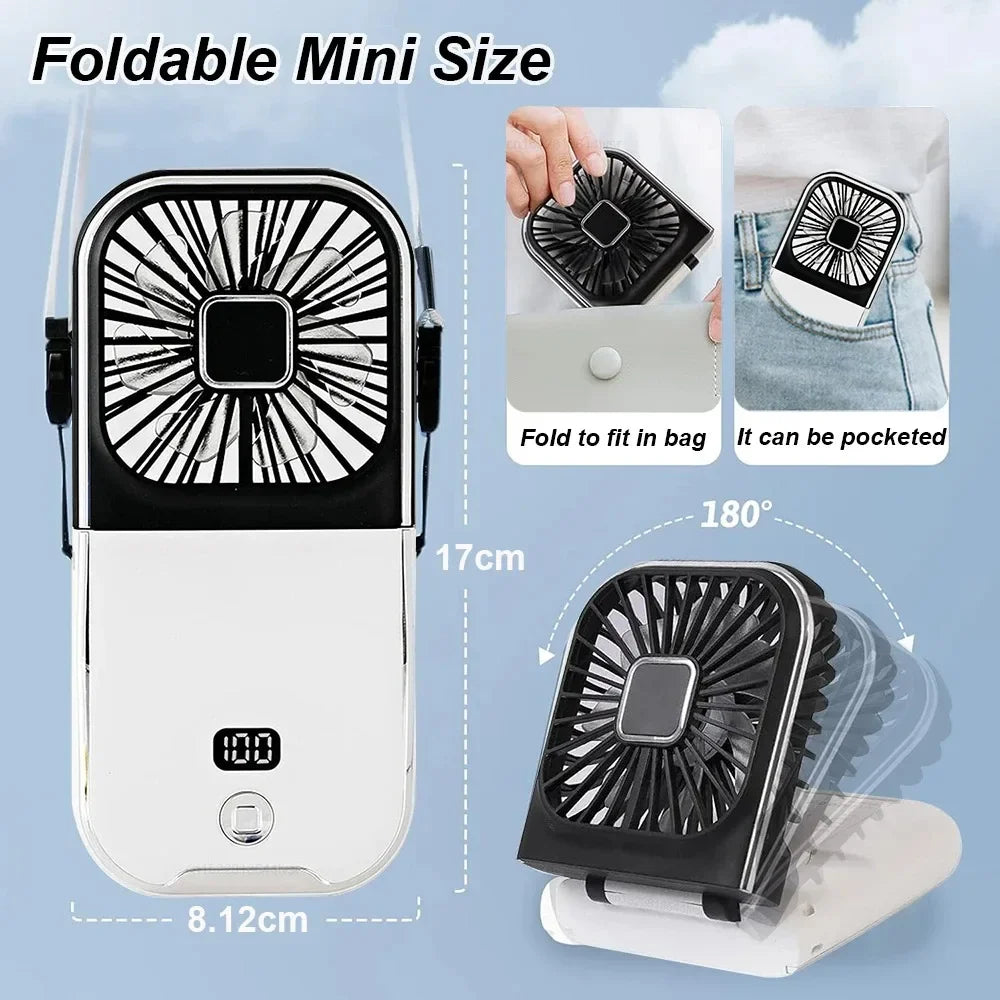 Folding Handheld Fan – Power Bank Function, Digital Display, Neck Hanging