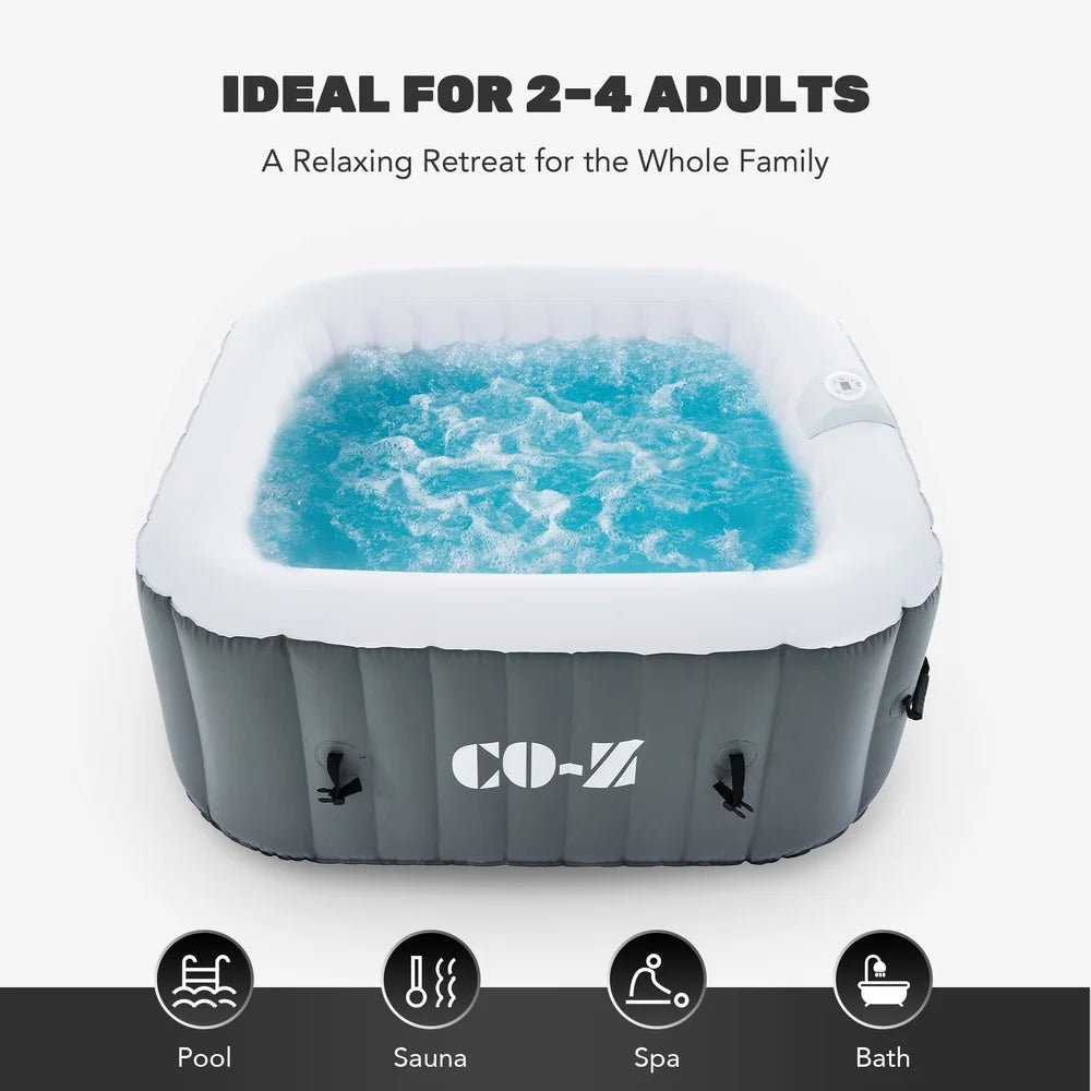 Inflatable Hot Tub – 5ft Square, 2-4 Person Spa with 120 Bubble Jets & Heater
