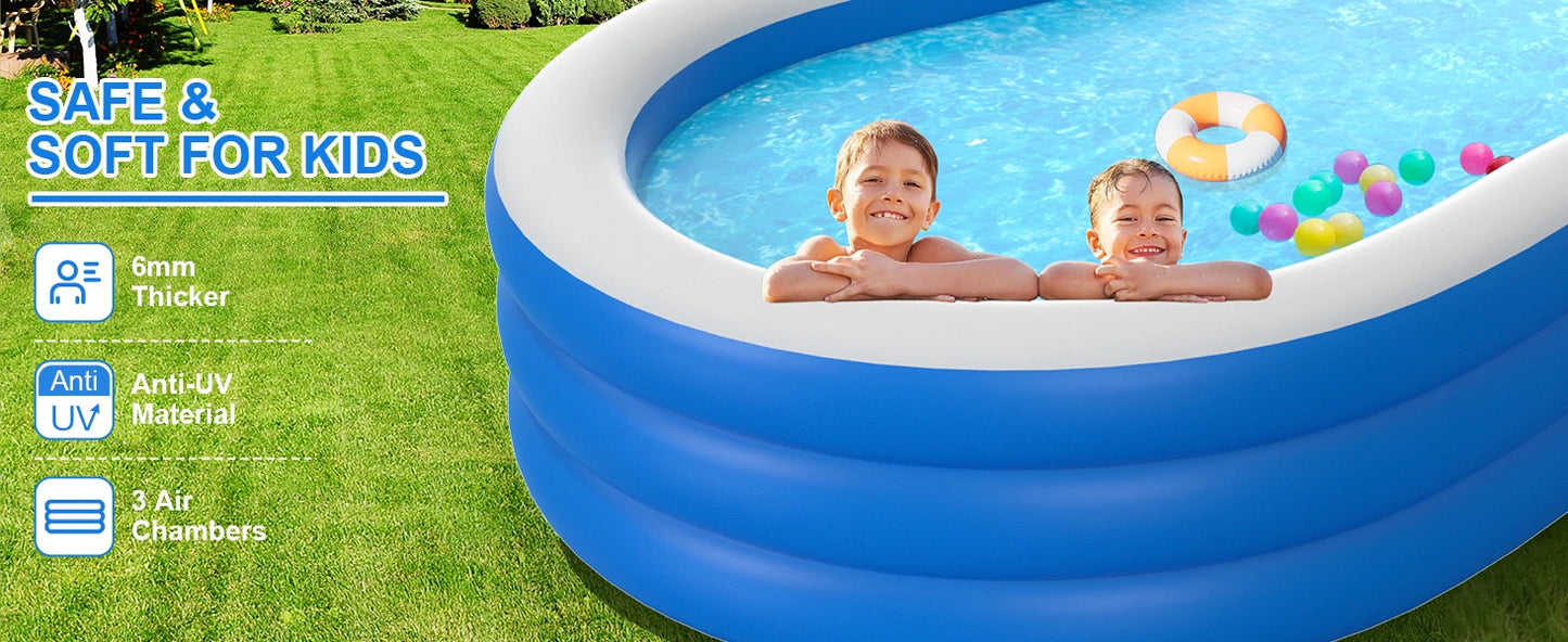 145”x74”x22” Extra-Large Inflatable Pool – 0.6mm Thick, Family Outdoor Pool (Pump Not Included)