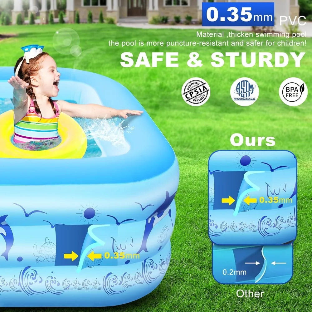 Upgraded Inflatable Pool – Durable Family Pool with Solar Lights (Blue)