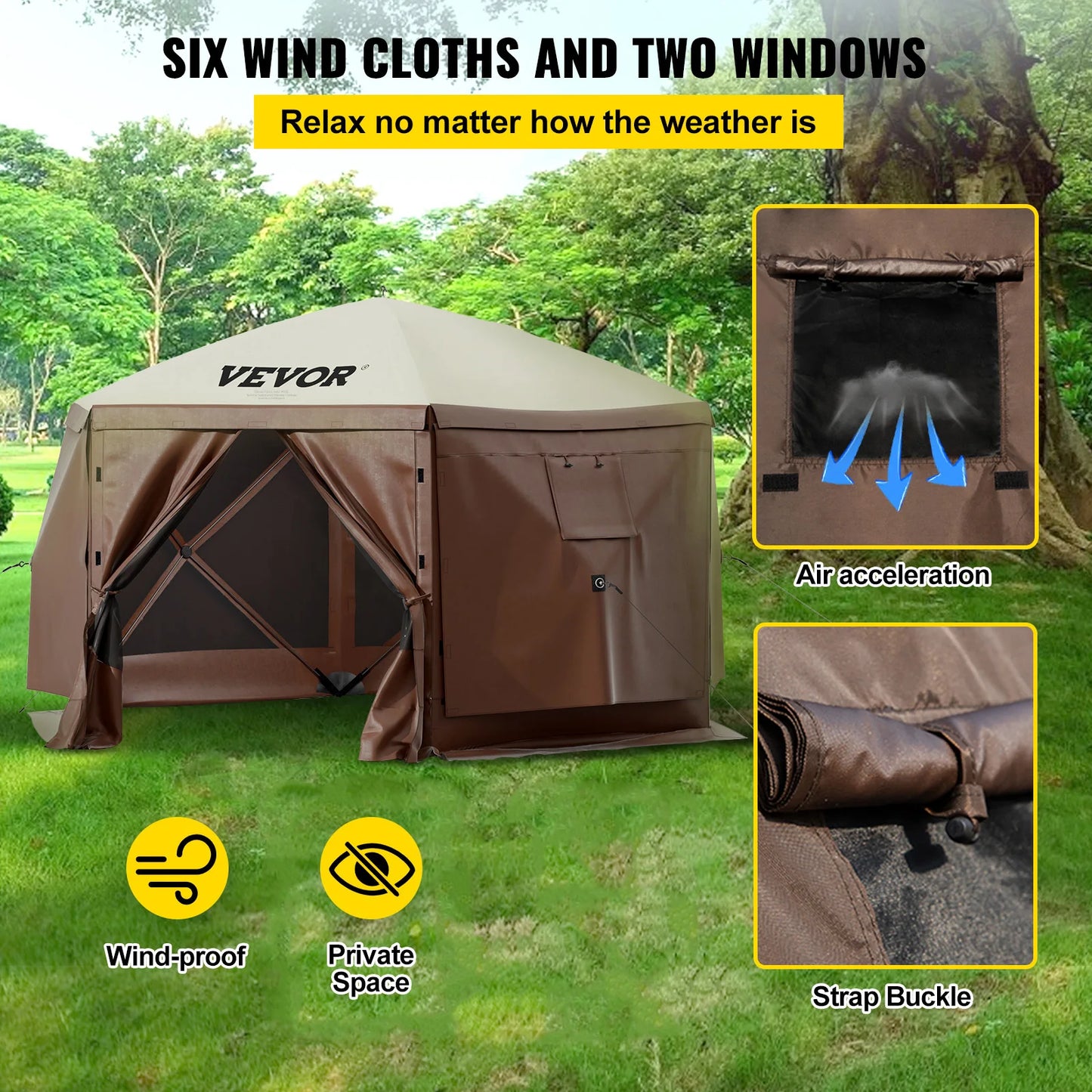 VEVOR Pop-up Camping Gazebo Camping Canopy Shelter 6 Sided 12' x 12' Sun Shade Tents & Canopies Camping & Hiking