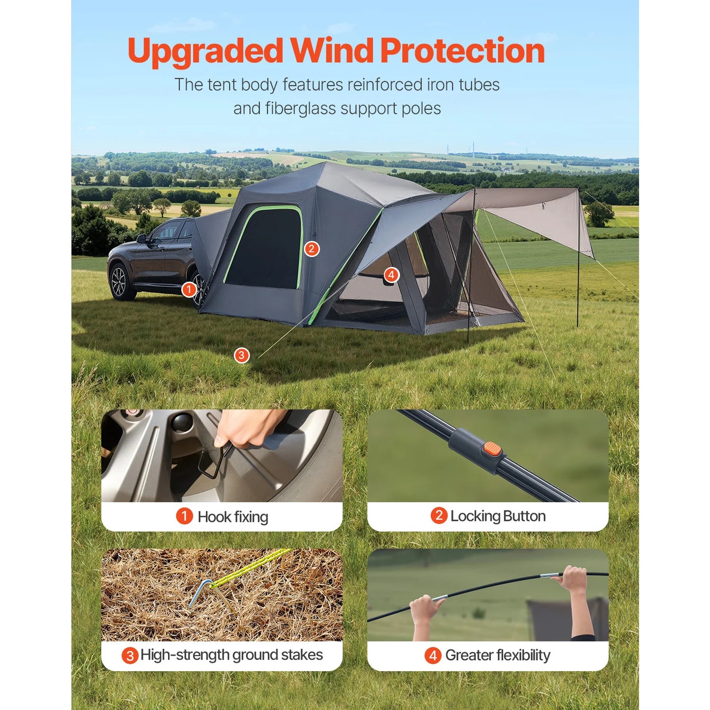 SUV Tent for Camping Waterproof PU2000mm Spacious Double Layer Design SUV Tent with Shade Awning and Mesh Windows