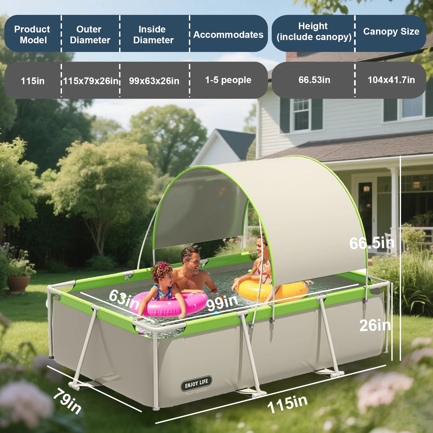 Large Bracket Swimming Pool – 2.6/3.9m Foldable Family Pool with Sunshade