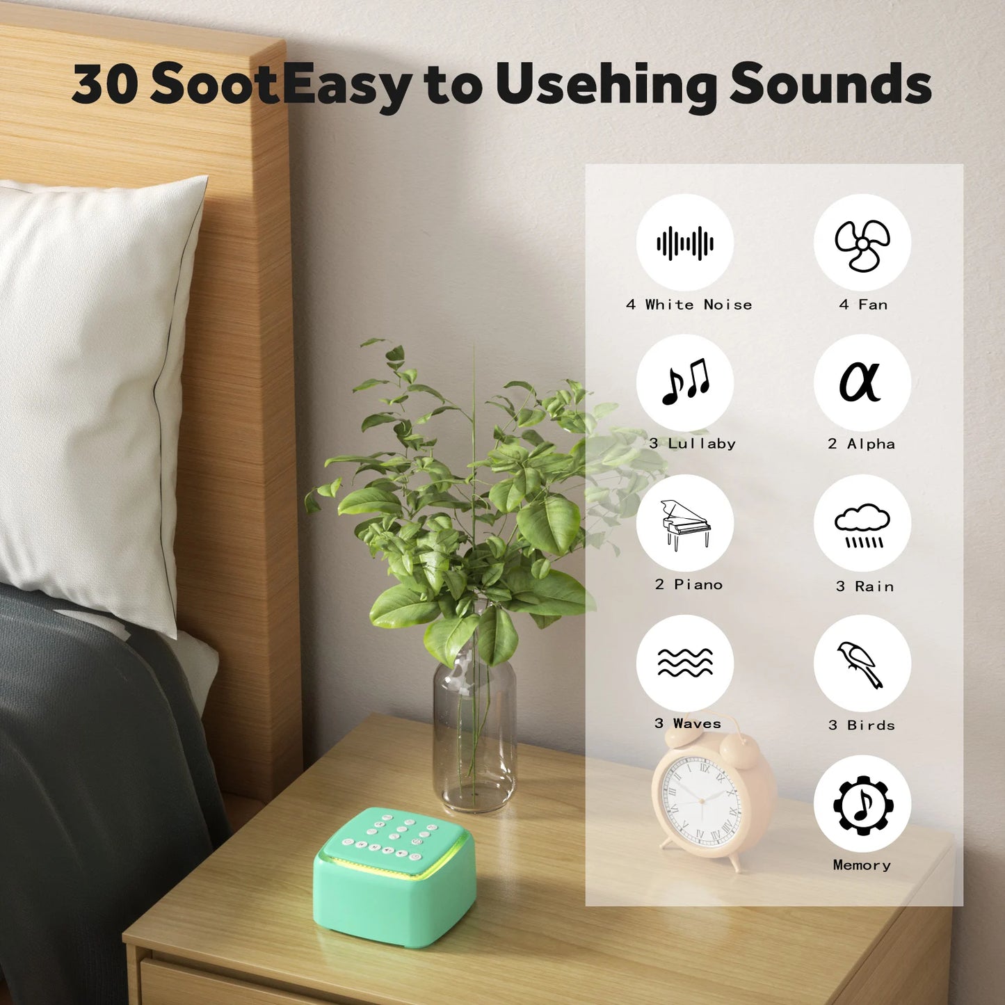 White Noise Machine,30 Soothing Sounds and Warm Light for Sleeping,Powerful Battery 30 Hour Play Sound Machine for Baby Adults