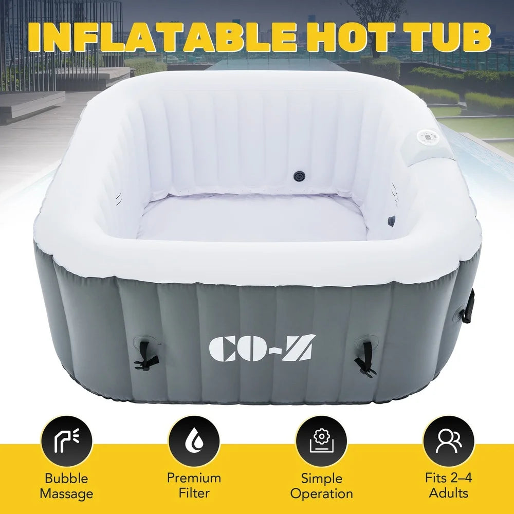 Inflatable Hot Tub – 5ft Square, 2-4 Person Spa with 120 Bubble Jets & Heater