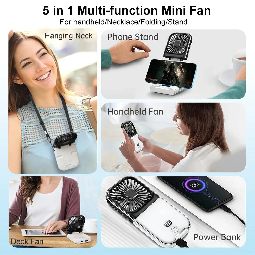 Folding Handheld Fan – Power Bank Function, Digital Display, Neck Hanging