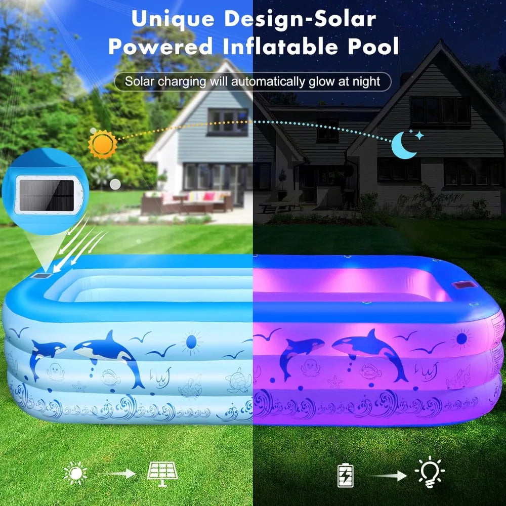 Upgraded Inflatable Pool – Durable Family Pool with Solar Lights (Blue)
