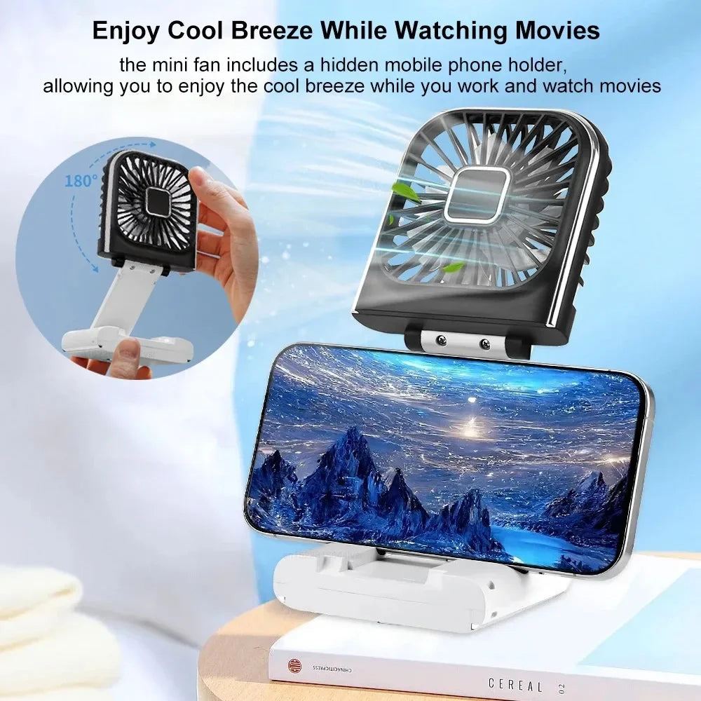 Folding Handheld Fan – Power Bank Function, Digital Display, Neck Hanging