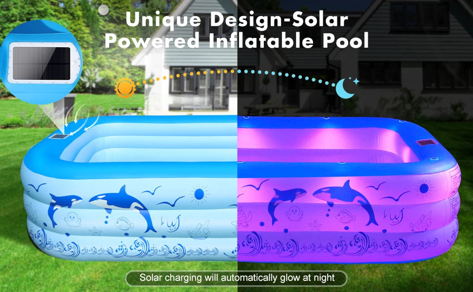 Upgraded Inflatable Pool – Durable Family Pool with Solar Lights (Blue)