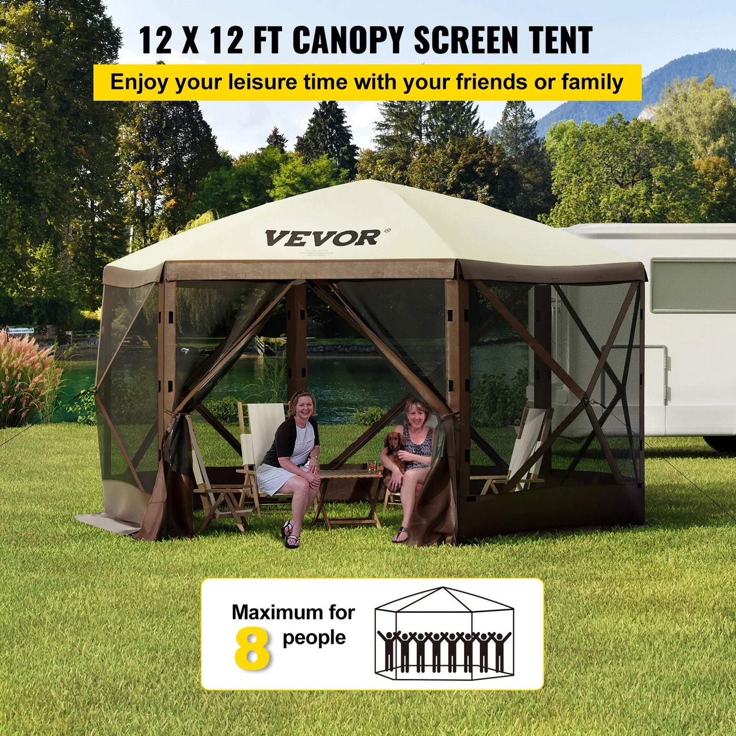 VEVOR Pop-up Camping Gazebo Camping Canopy Shelter 6 Sided 12' x 12' Sun Shade Tents & Canopies Camping & Hiking