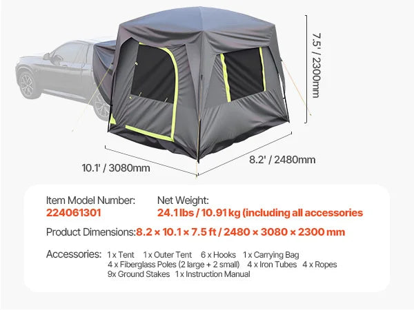 SUV Tent for Camping Waterproof PU2000mm Spacious Double Layer Design SUV Tent with Shade Awning and Mesh Windows