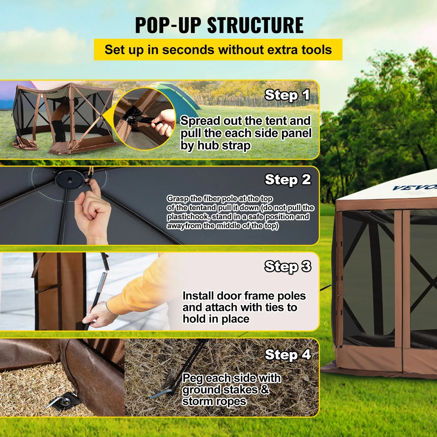 VEVOR Pop-up Camping Gazebo Camping Canopy Shelter 6 Sided 12' x 12' Sun Shade Tents & Canopies Camping & Hiking