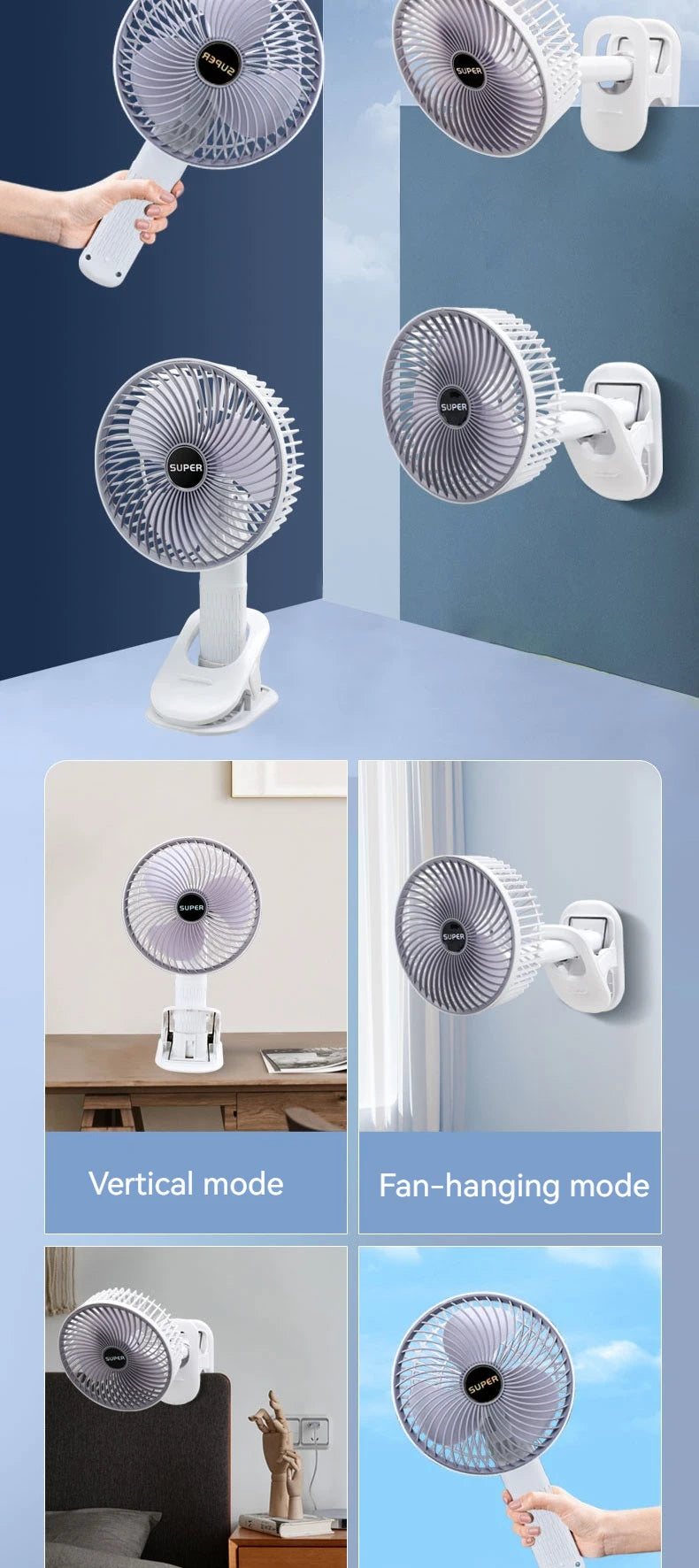 Handheld Fan with Detachable Base – Clip-On, Office & Outdoor Use