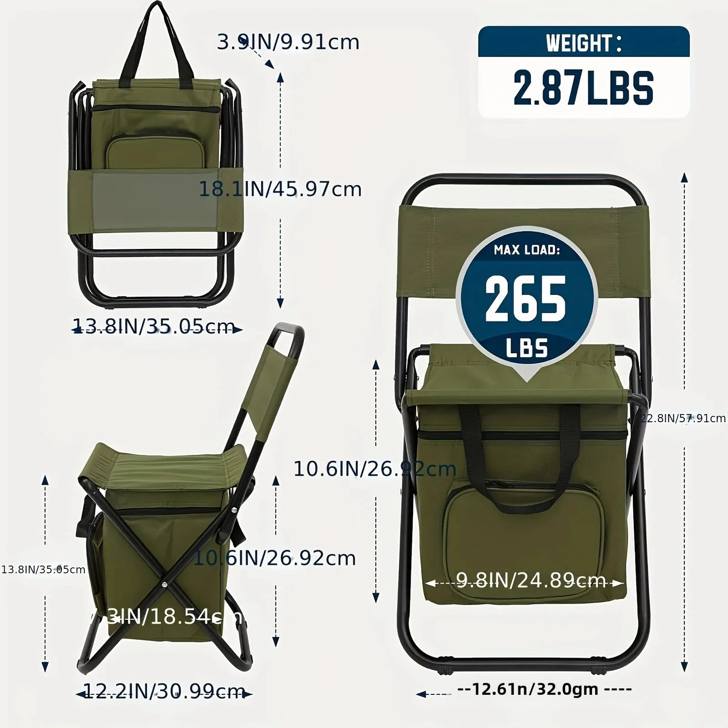 Small Fishing Chair, Camping RV Trekking Hunting, with Backrest, Lightweight, Foldable, Men's Gift, 265 lbs Capacity
