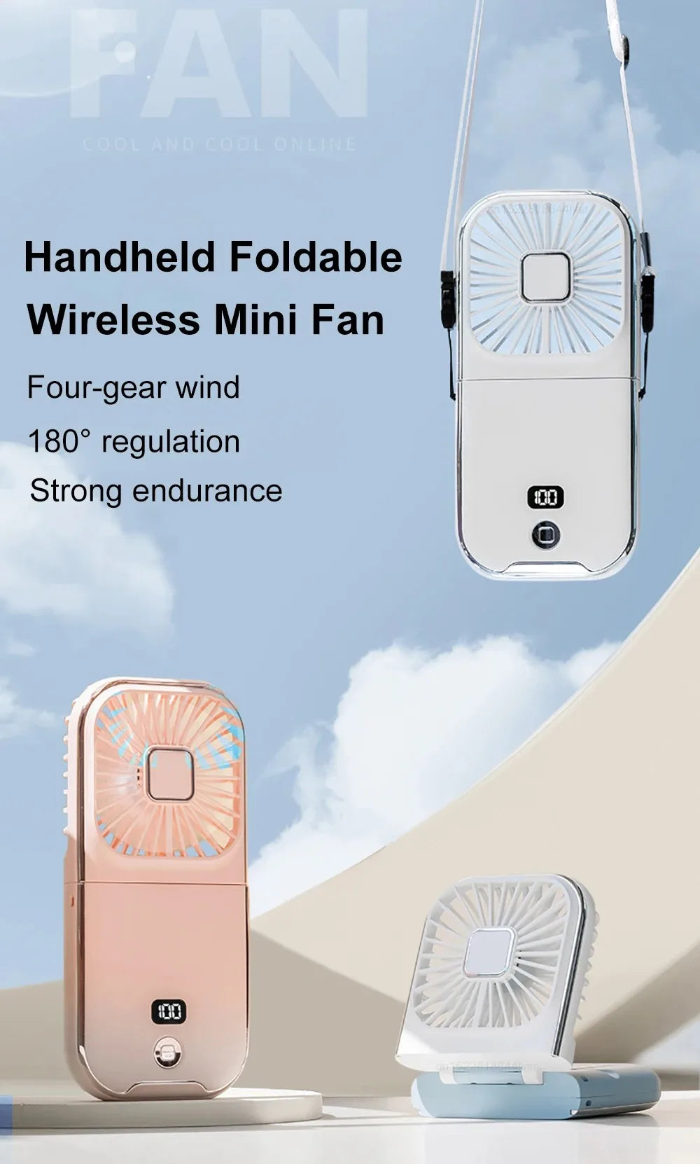 Folding Handheld Fan – Power Bank Function, Digital Display, Neck Hanging