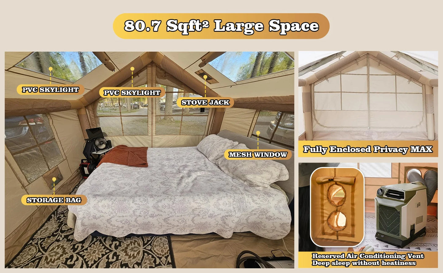 80.7 Square Feet Inflatable Tent with Air Conditioning Vent,4 Season Glamping Blow up Tent for Camping,Waterproof Oxford Fabric