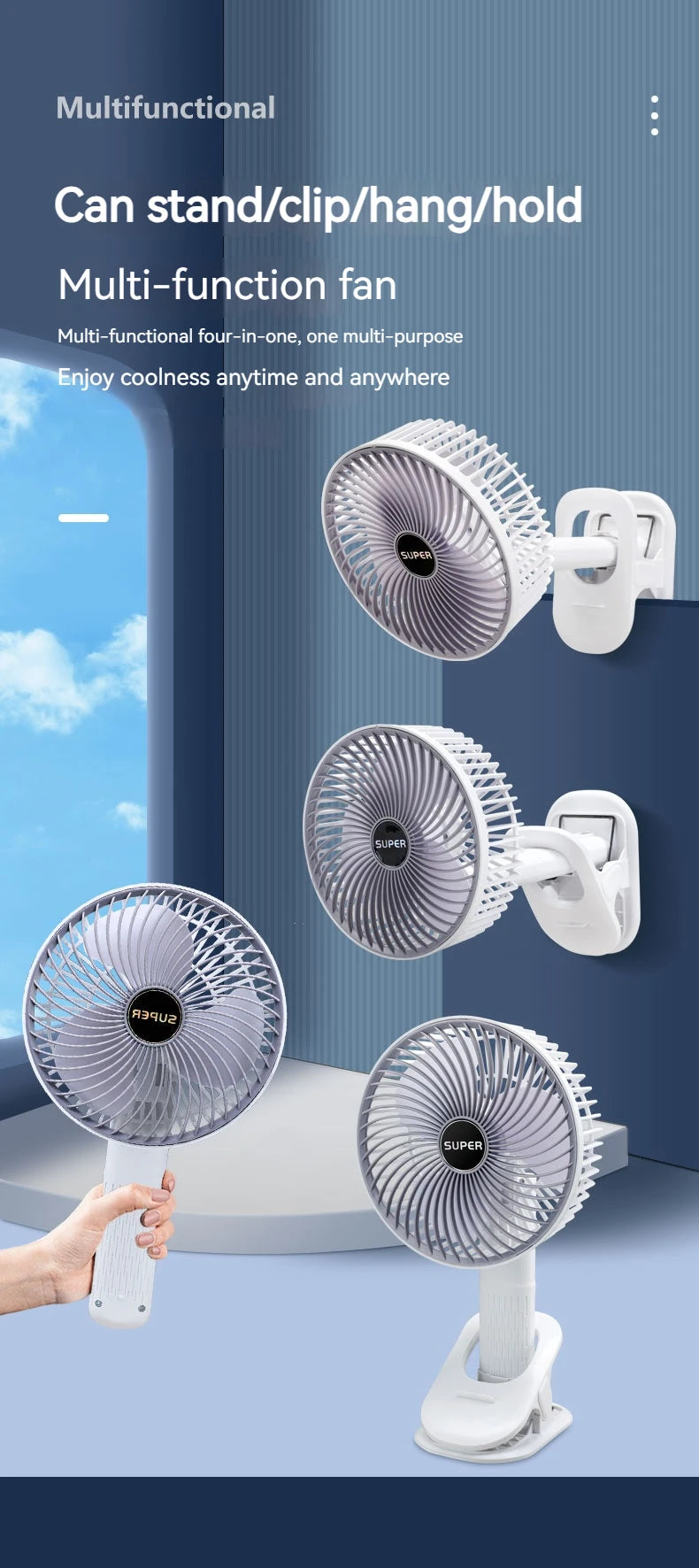 Handheld Fan with Detachable Base – Clip-On, Office & Outdoor Use