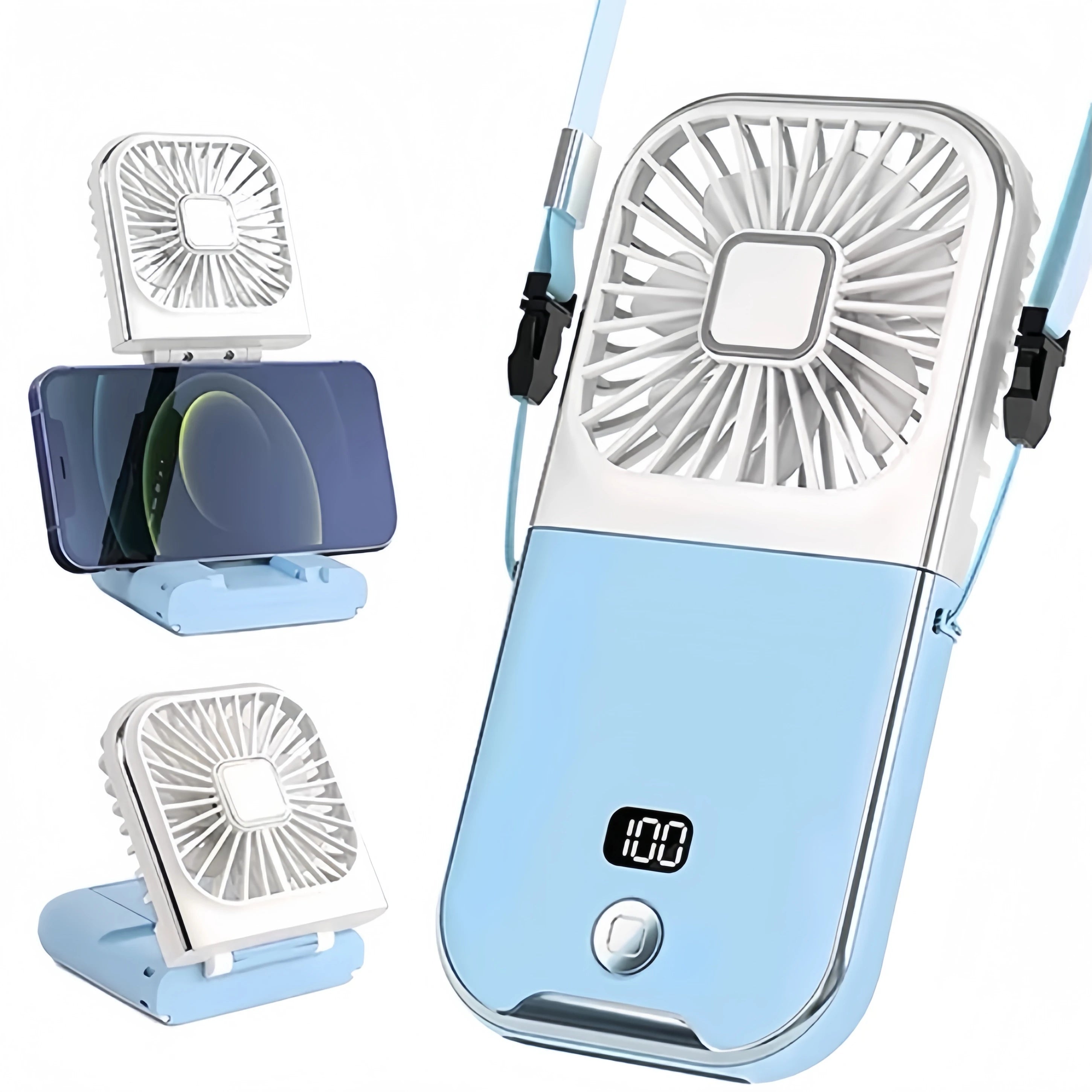 Folding Handheld Fan – Power Bank Function, Digital Display, Neck Hanging