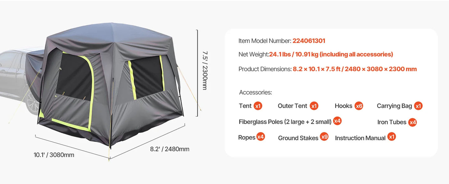 SUV Tent for Camping Waterproof PU2000mm Spacious Double Layer Design SUV Tent with Shade Awning and Mesh Windows