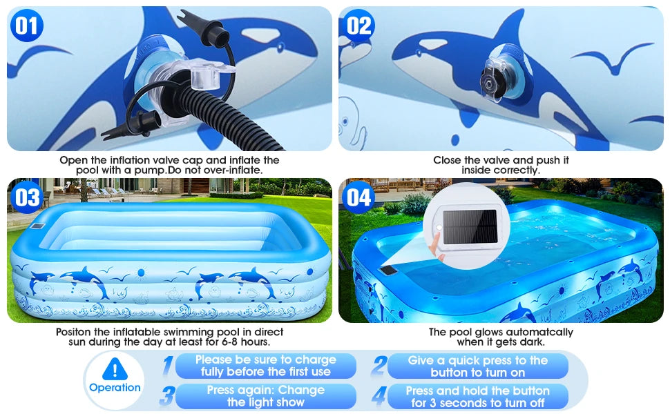 Upgraded Inflatable Pool – Durable Family Pool with Solar Lights (Blue)