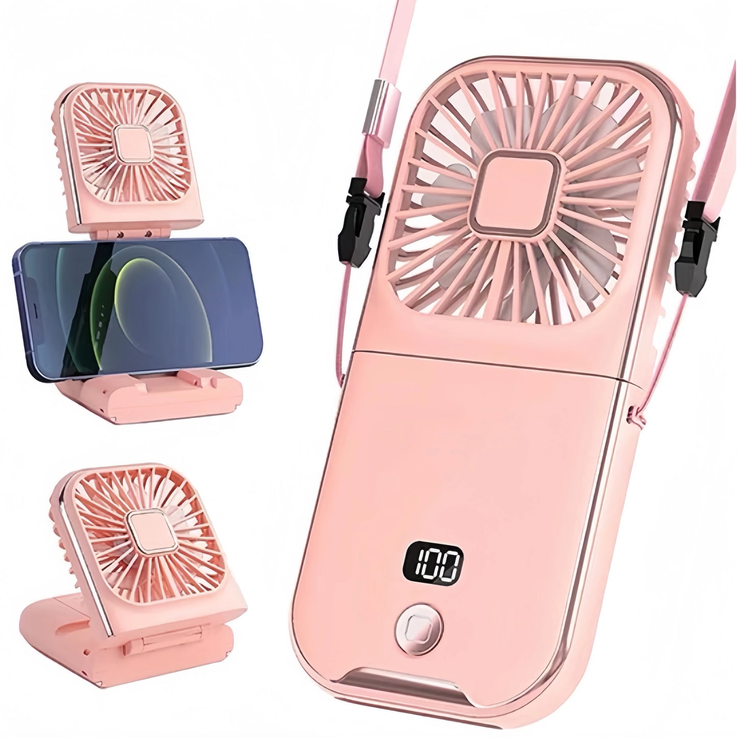 Folding Handheld Fan – Power Bank Function, Digital Display, Neck Hanging