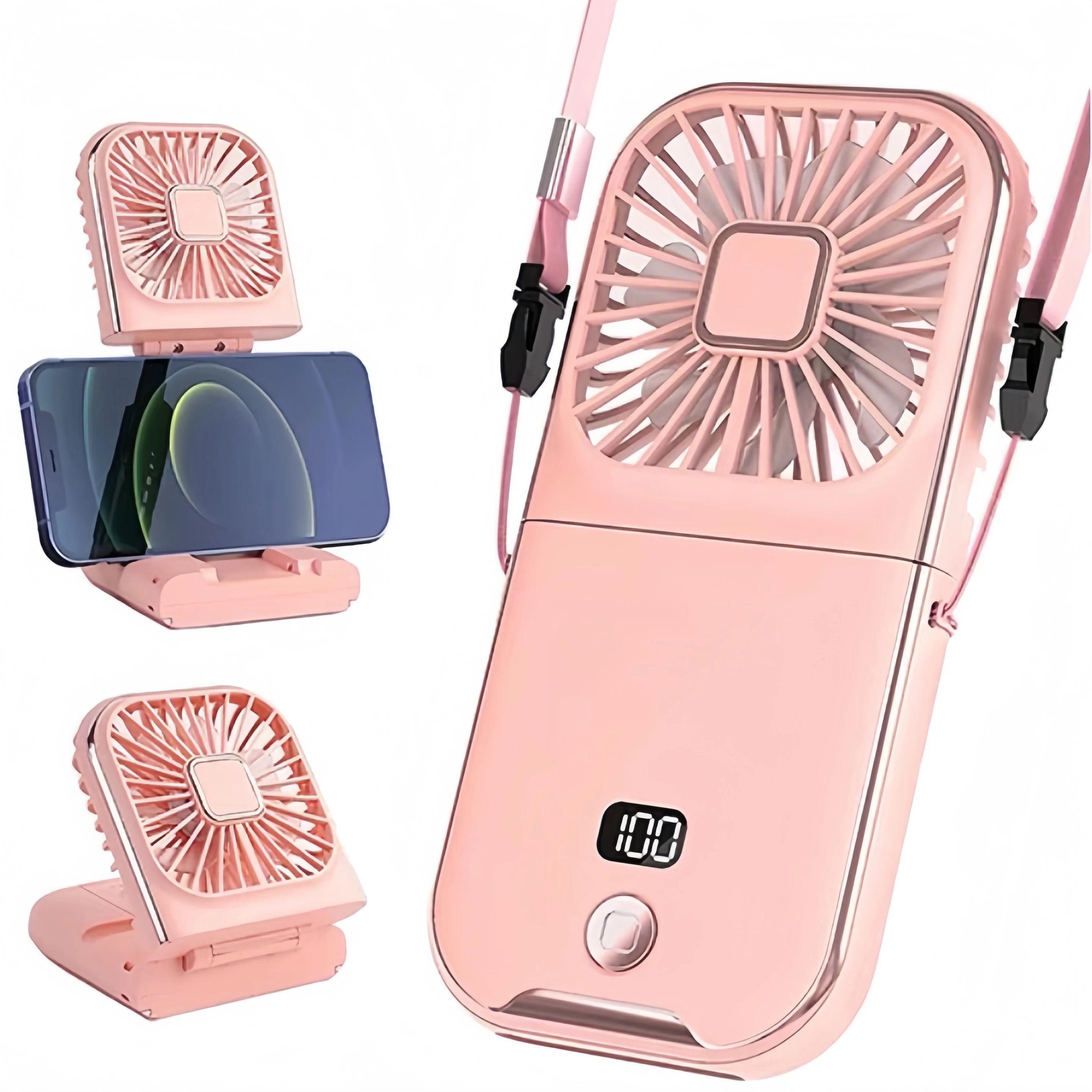 Folding Handheld Fan – Power Bank Function, Digital Display, Neck Hanging