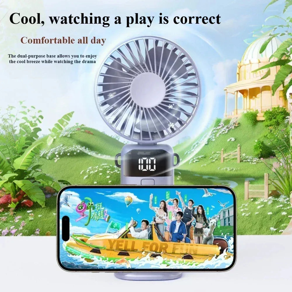 Foldable Mini Fan – Neck Hanging, Phone Stand & Display