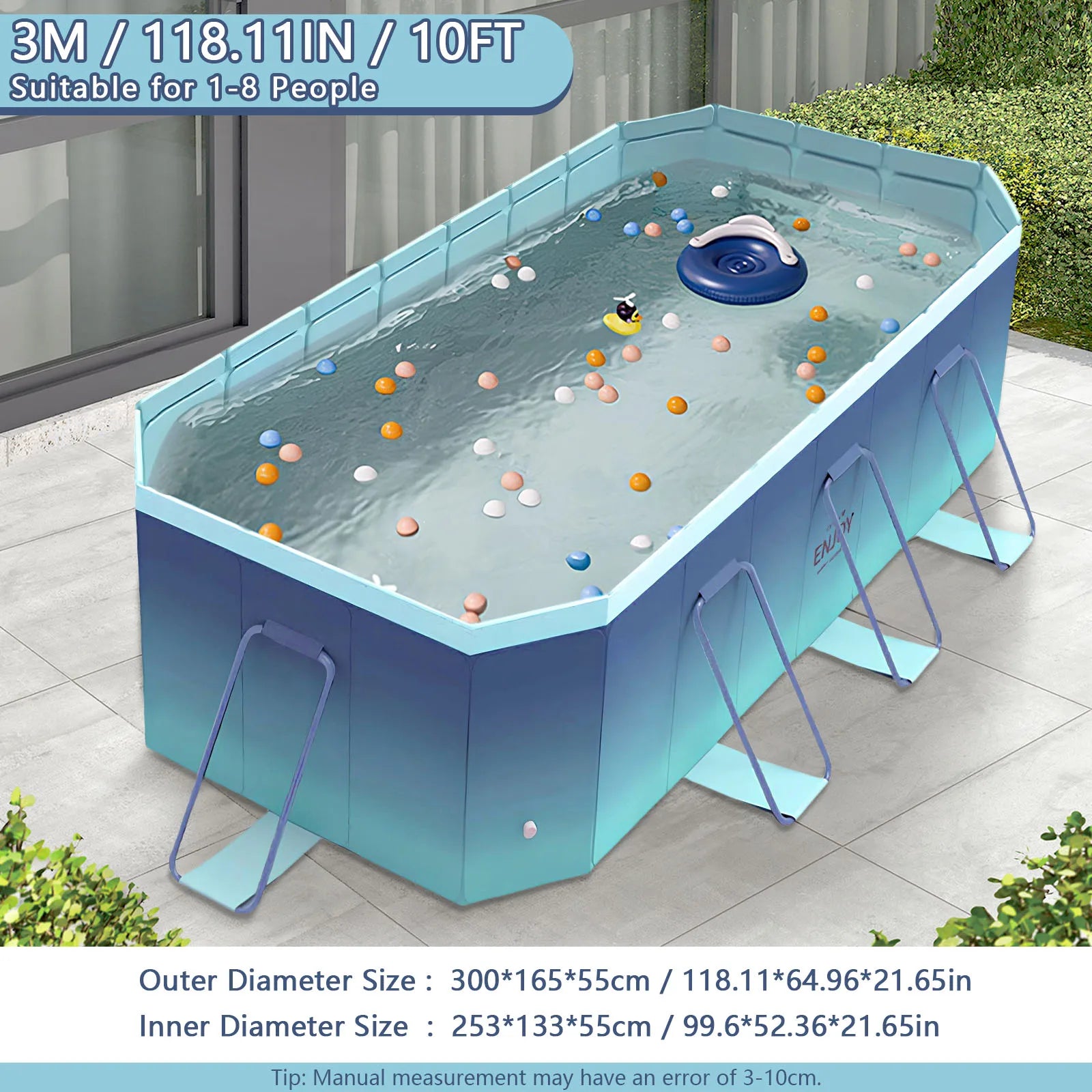 Foldable Family Pool – 2.6/3m Large Rectangular, Non-Inflatable, Easy Setup