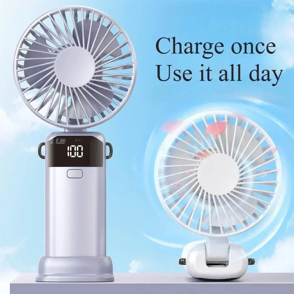 Foldable Mini Fan – Neck Hanging, Phone Stand & Display
