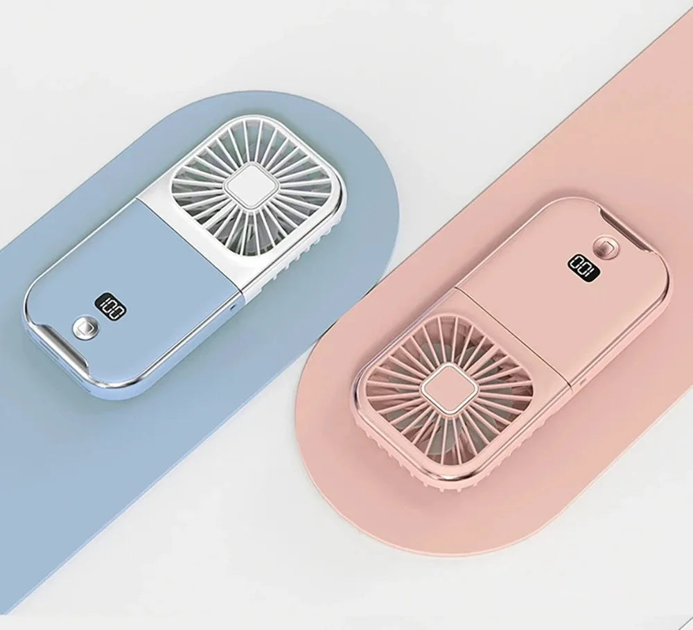 Folding Handheld Fan – Power Bank Function, Digital Display, Neck Hanging